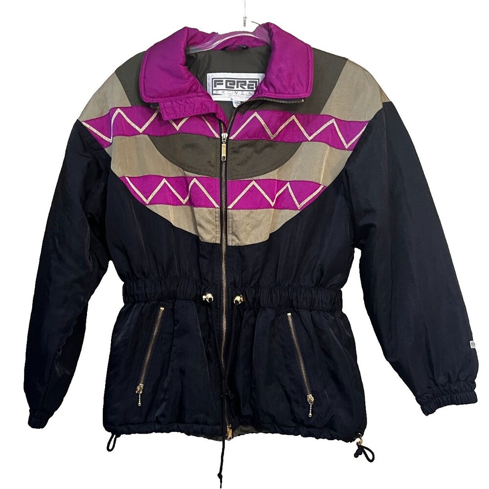 Vintage 80s Fera Skiwear Women 10 Nylon Ski Snowboarding Jacket Coat Black Pink